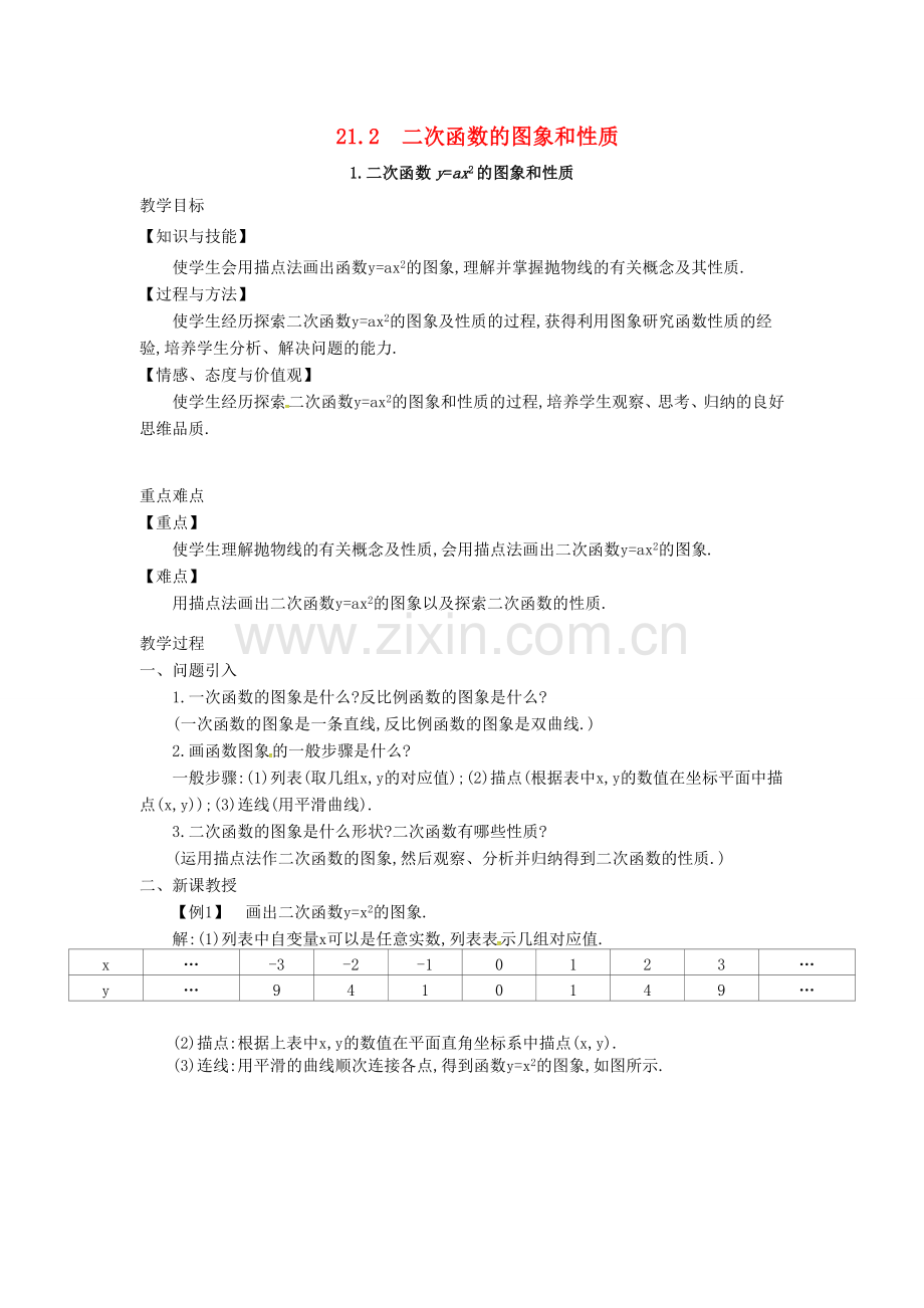 九年级数学上册 21.2.1 二次函数yax2的图象和性质教案2 （新版）沪科版-（新版）沪科版初中九年级上册数学教案.doc_第1页
