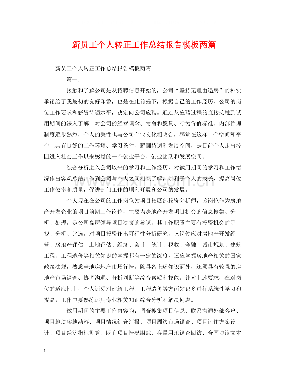 工作总结新员工个人转正工作总结报告模板两篇.docx_第1页