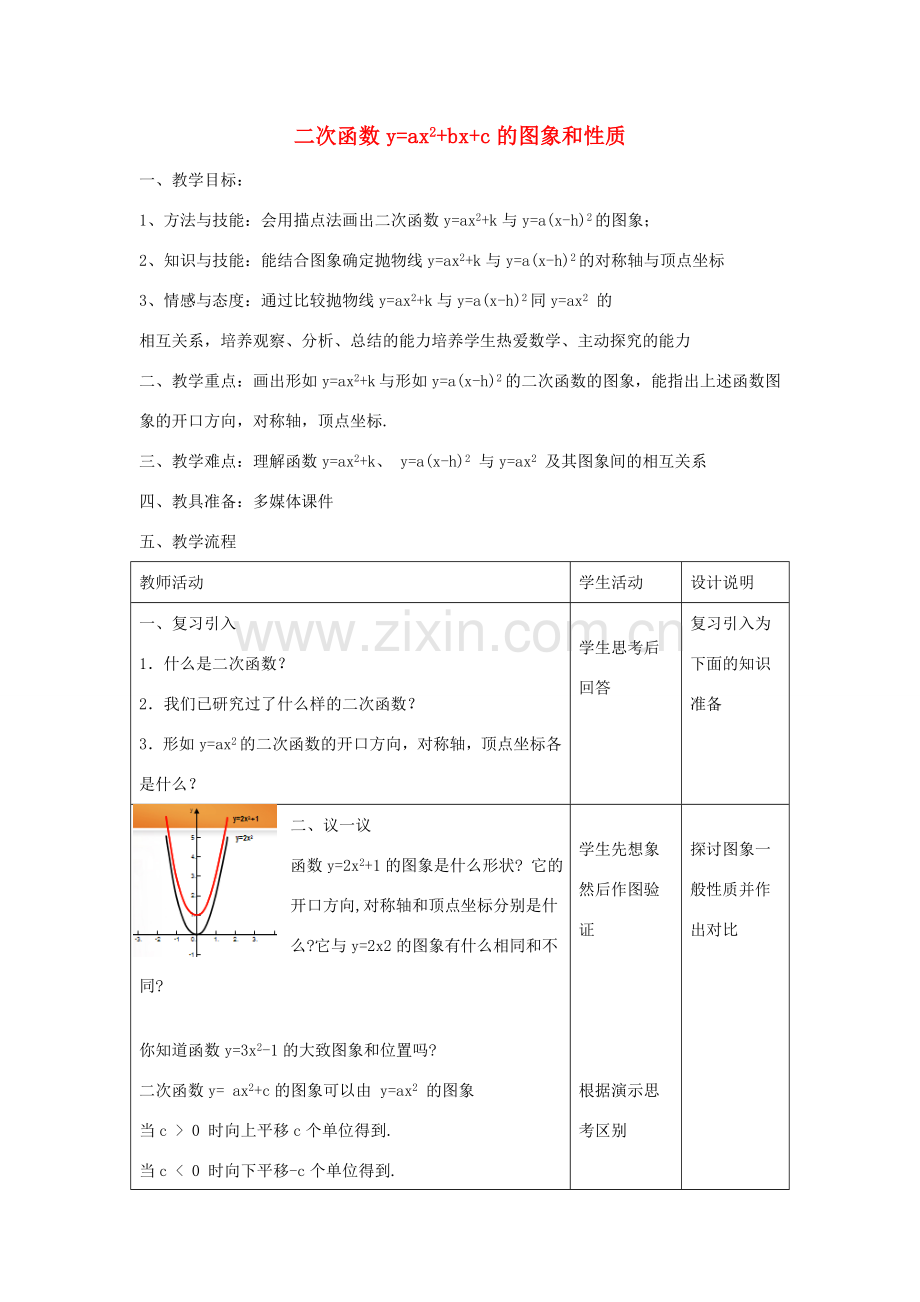九年级数学上册 3.4 二次函数yax2bxc的图象和性质教案1 鲁教版五四制-鲁教版五四制初中九年级上册数学教案.doc_第1页