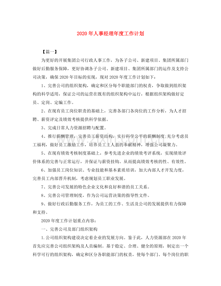 2020年人事经理年度工作计划.docx_第1页