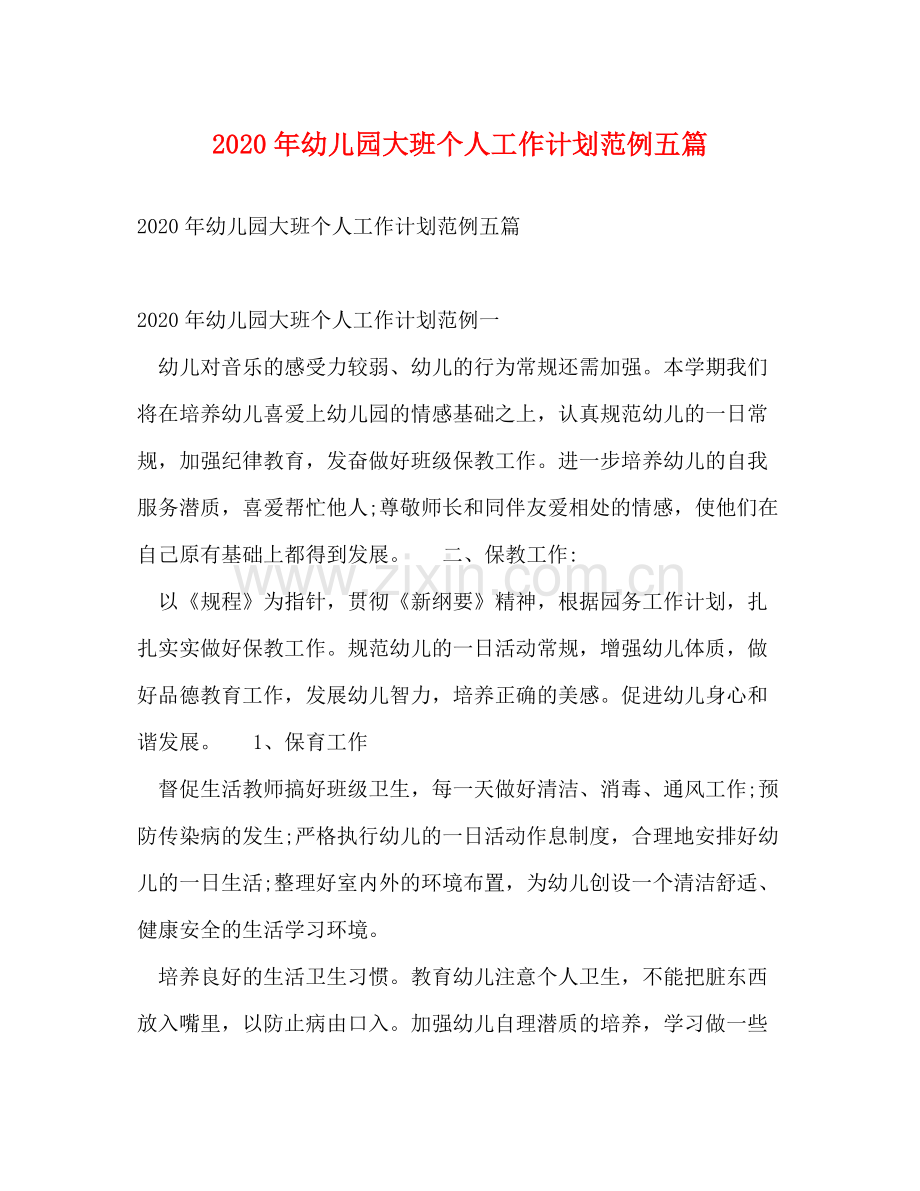2020年幼儿园大班个人工作计划范例五篇.docx_第1页