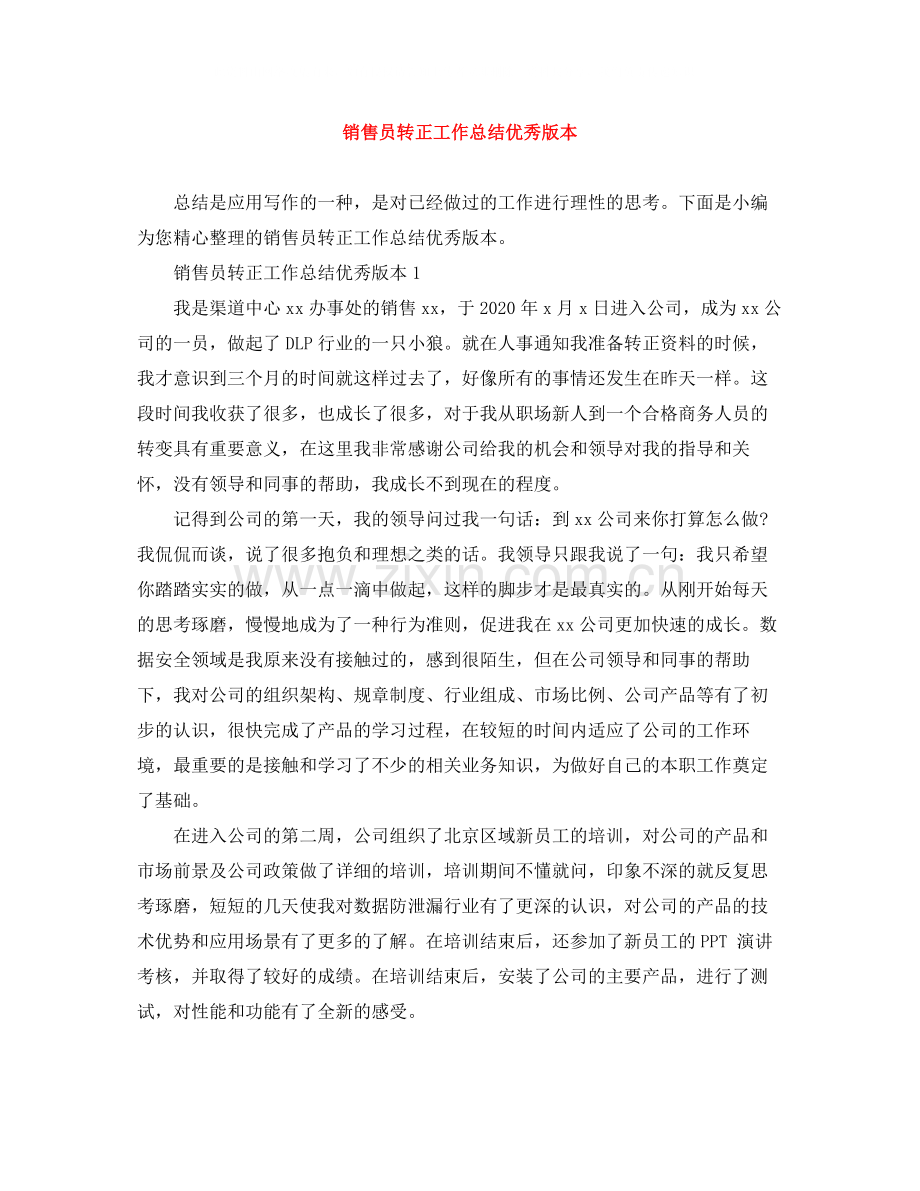 销售员转正工作总结优秀版本.docx_第1页
