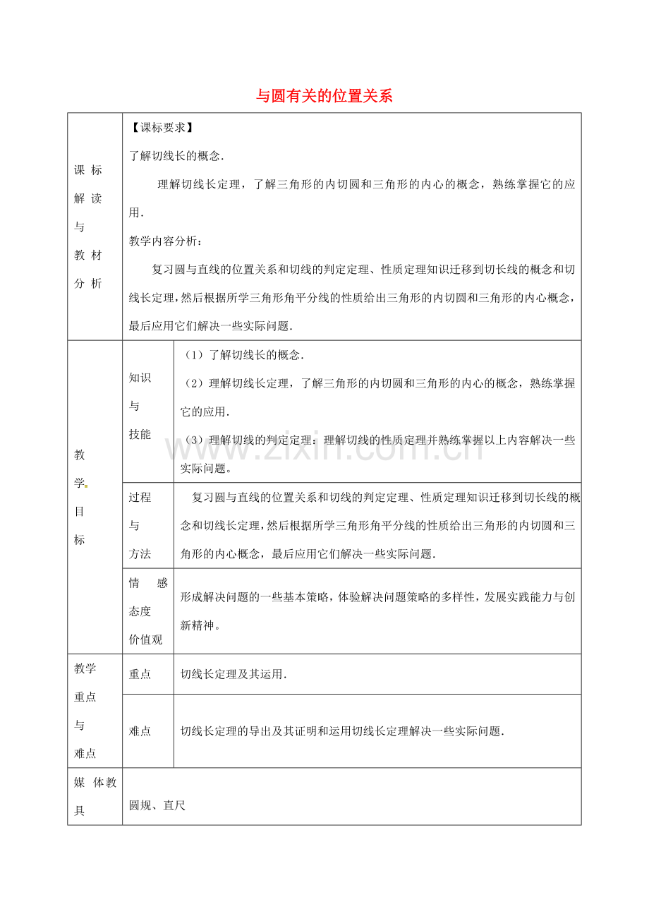 九年级数学上册 24.2 与圆有关的位置关系教案2 （新版）新人教版-（新版）新人教版初中九年级上册数学教案.doc_第1页