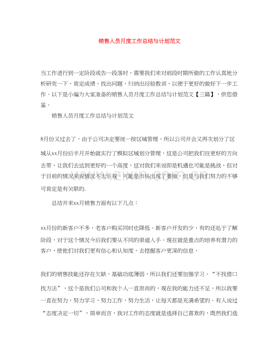 销售人员月度工作总结与计划范文.docx_第1页