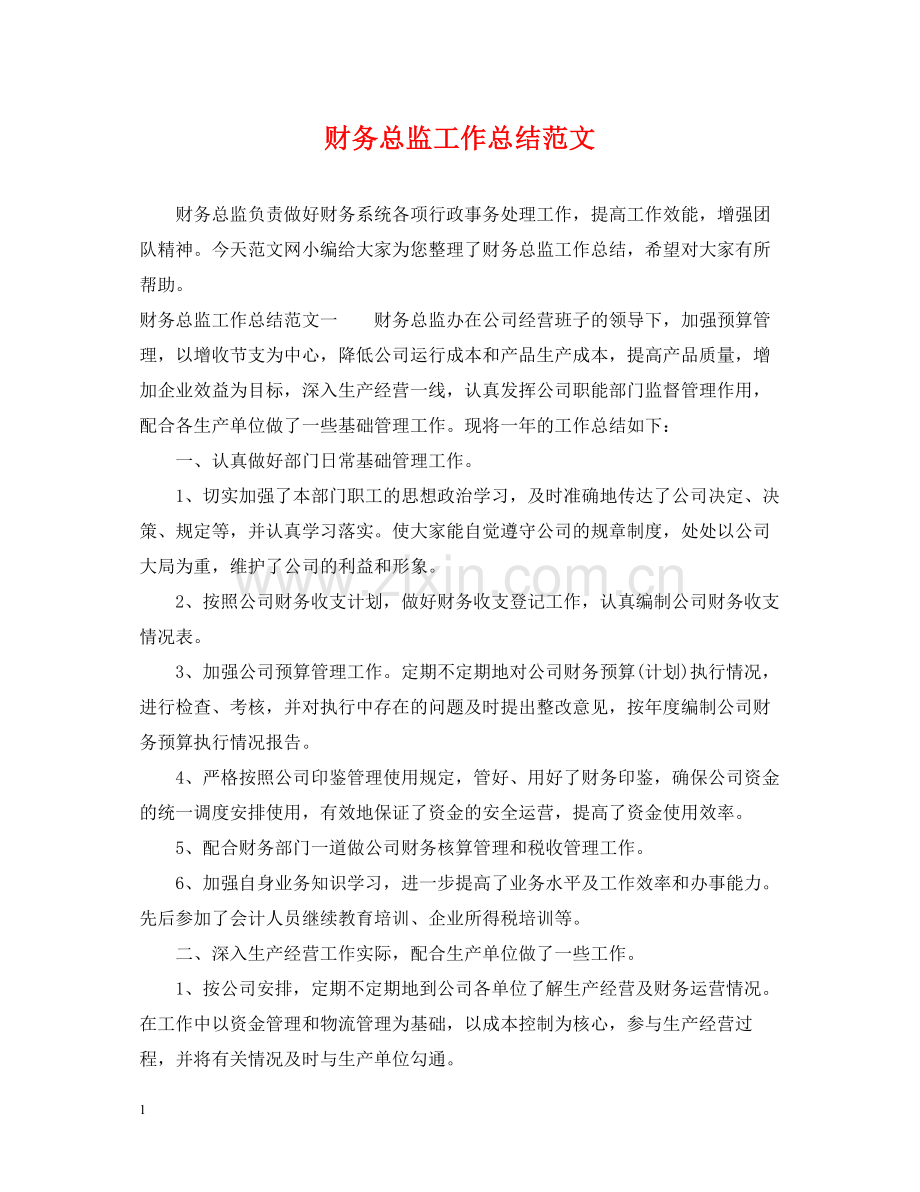 20ＸＸ年财务总监工作总结范文.docx_第1页