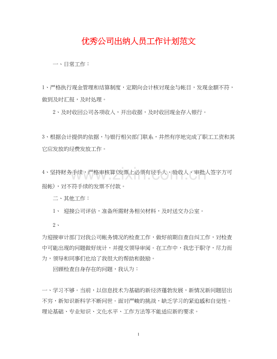 优秀公司出纳人员工作计划范文.docx_第1页