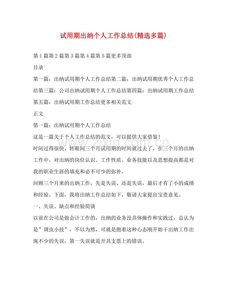 试用期出纳个人工作总结多篇).docx_第1页
