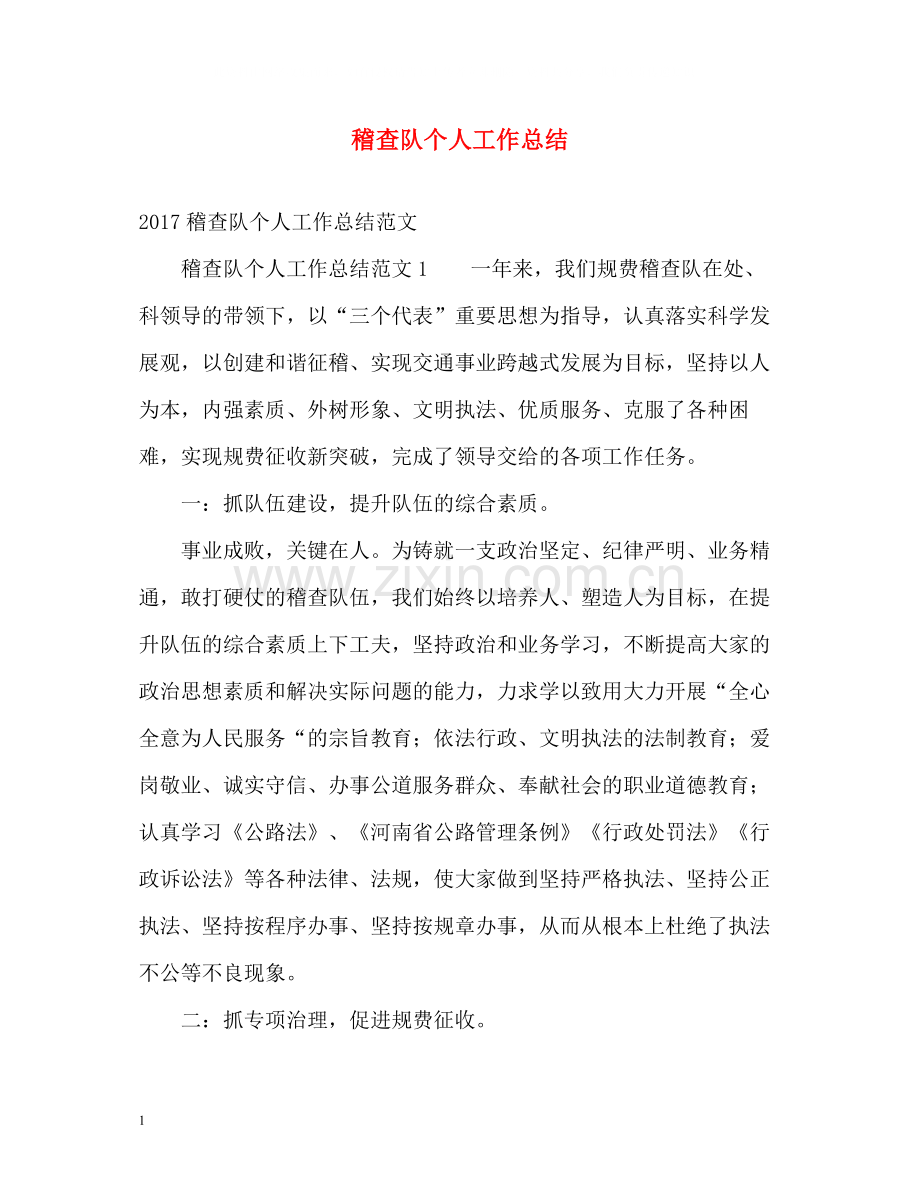 稽查队个人工作总结.docx_第1页