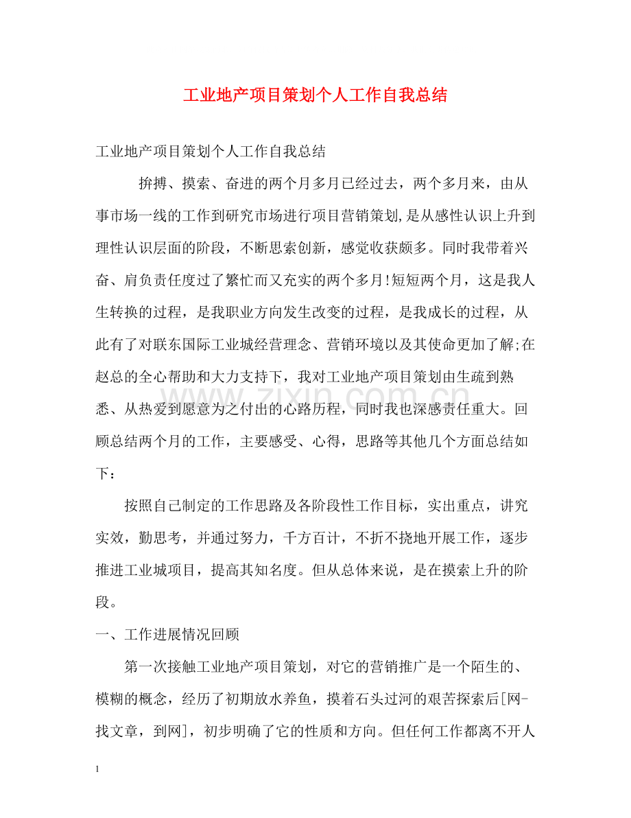 工业地产项目策划个人工作自我总结.docx_第1页