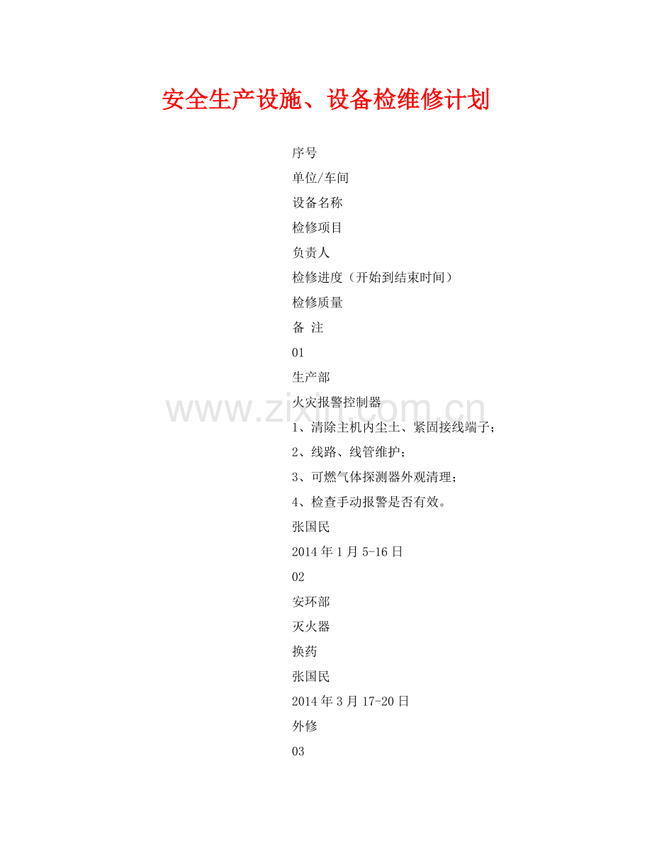 《安全管理文档》之安全生产设施设备检维修计划.docx_第1页