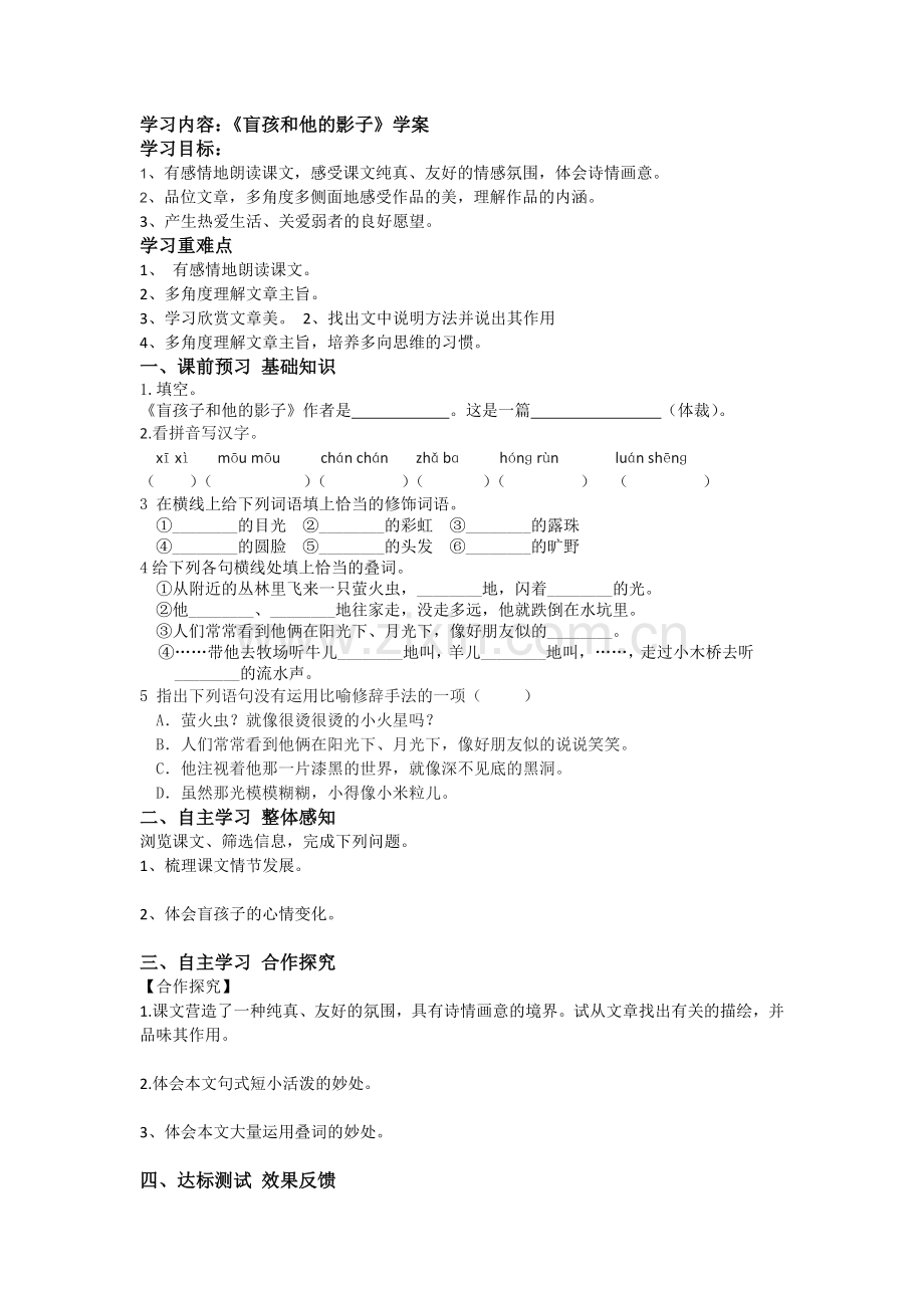 【名师原创】《盲孩及他影子》学案.docx_第1页