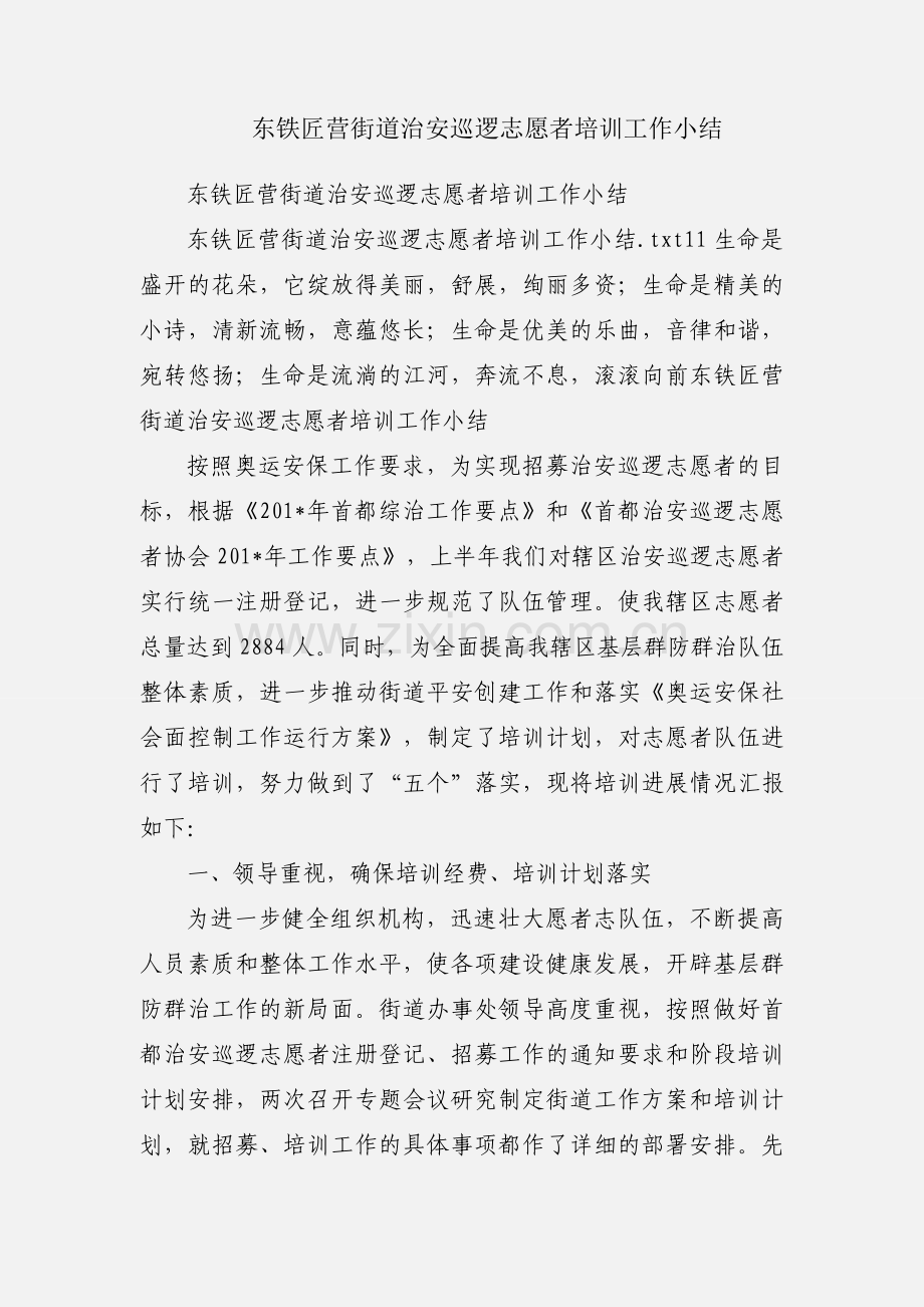 东铁匠营街道治安巡逻志愿者培训工作小结.docx_第1页