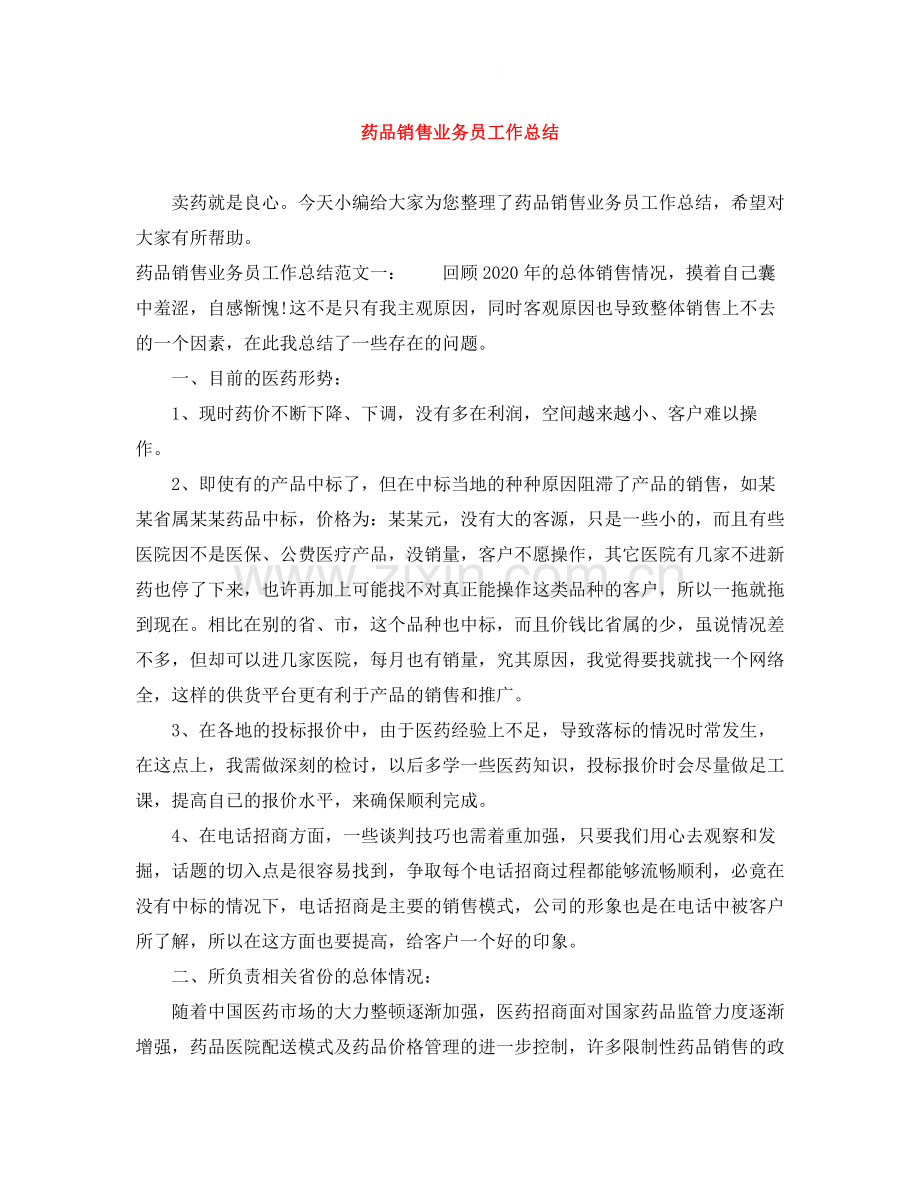 药品销售业务员工作总结.docx_第1页