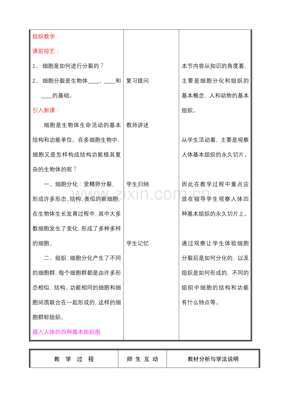 七年级生物上册 第四章第一节细胞分化形成组织( 一)教案 北师大版.doc_第2页