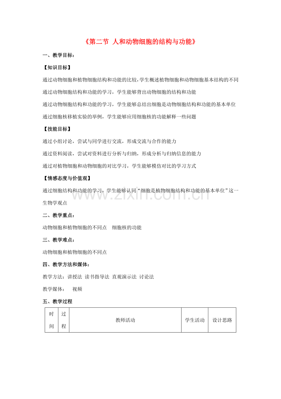 七年级生物上册 3.2 人和动物细胞的结构与功能教学设计 苏教版-苏教版初中七年级上册生物教案.doc_第1页