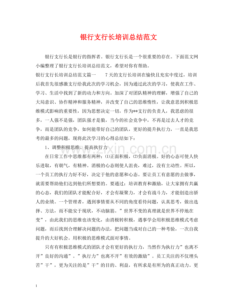 银行支行长培训总结范文.docx_第1页
