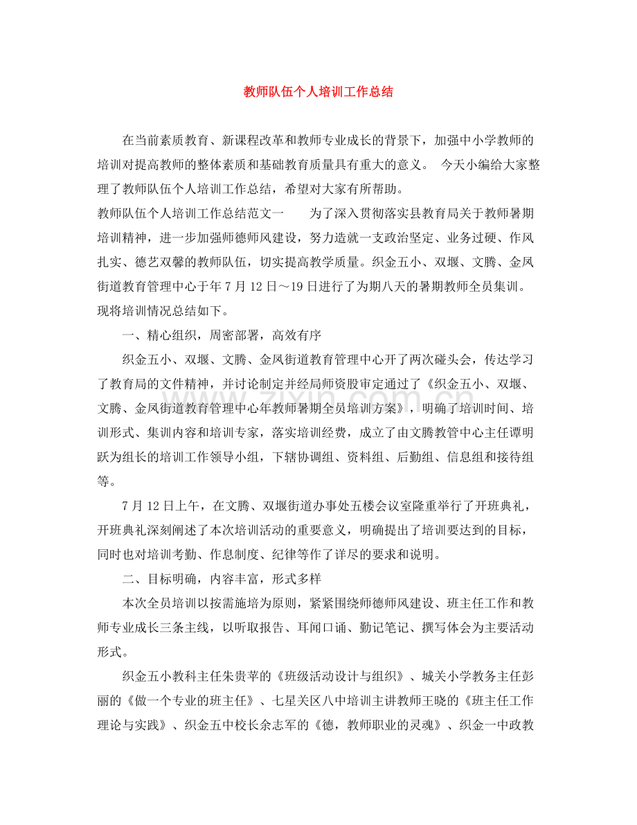 教师队伍个人培训工作总结.docx_第1页