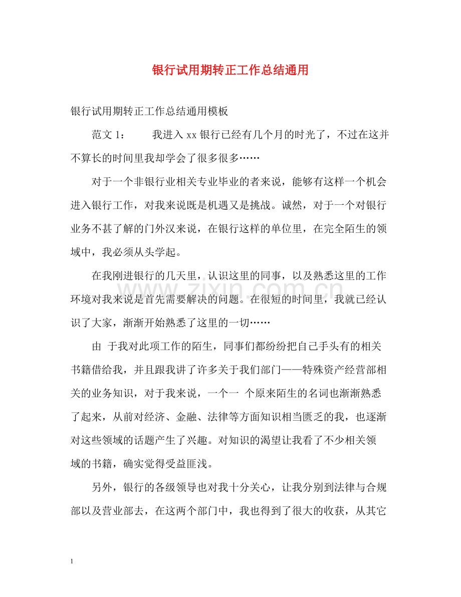银行试用期转正工作总结通用.docx_第1页