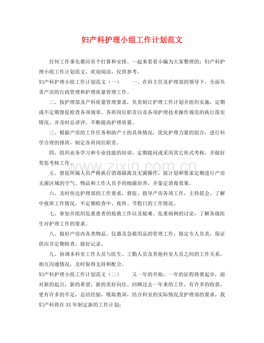 妇产科护理小组工作计划范文 .docx_第1页