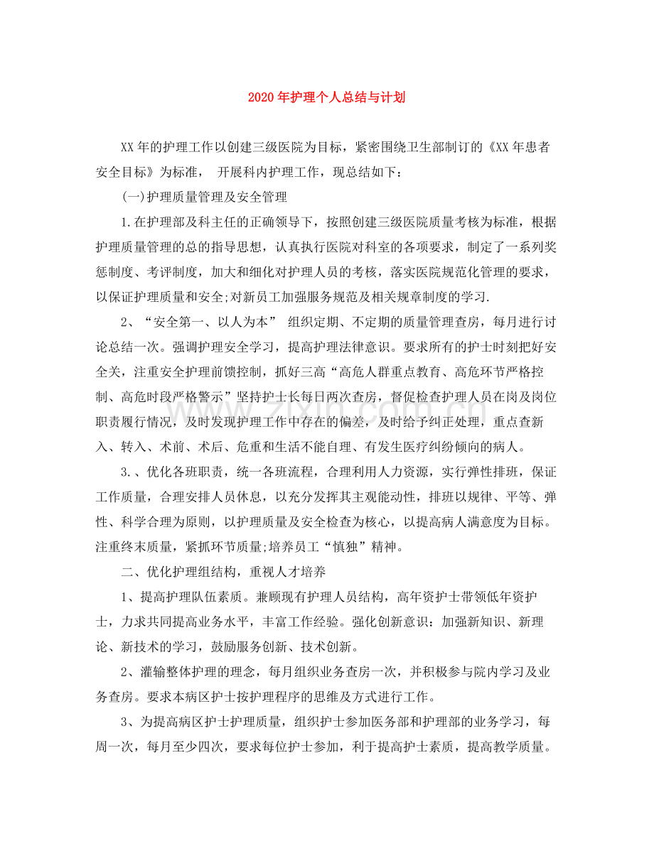 2020年护理个人总结与计划.docx_第1页