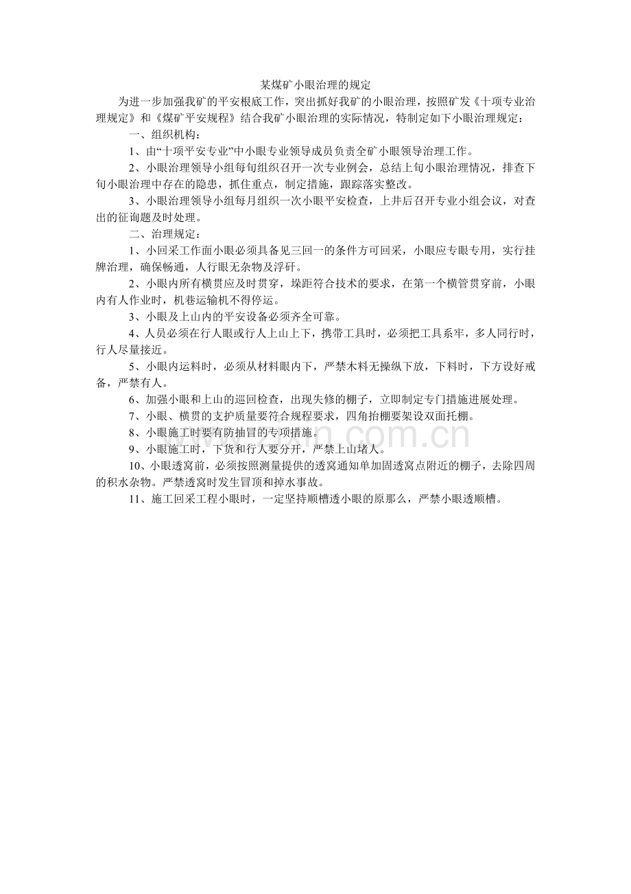 某煤矿小眼管理的规定.doc_第1页