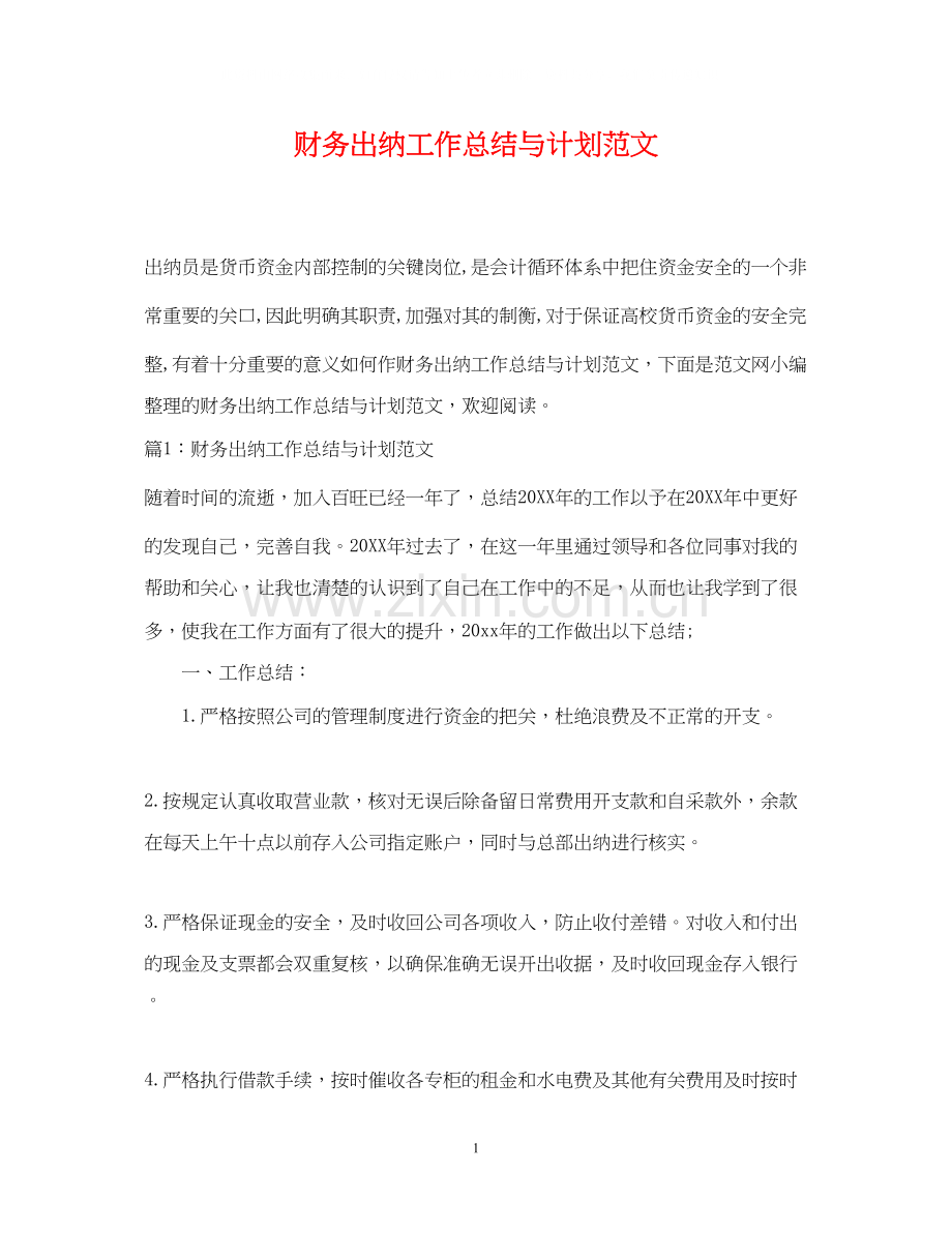 财务出纳工作总结与计划范文.docx_第1页