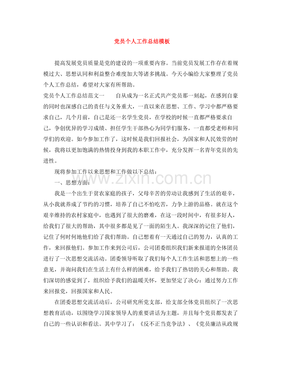 党员个人工作总结模板.docx_第1页