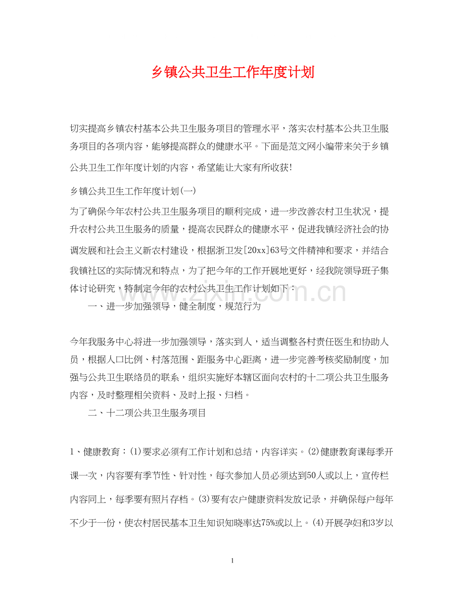乡镇公共卫生工作年度计划.docx_第1页