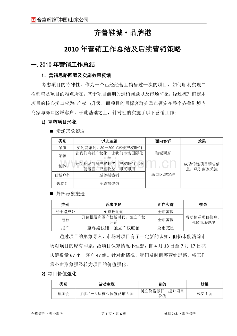 齐鲁鞋城品片港2010年营销工作总结及后续营销策略.doc_第1页