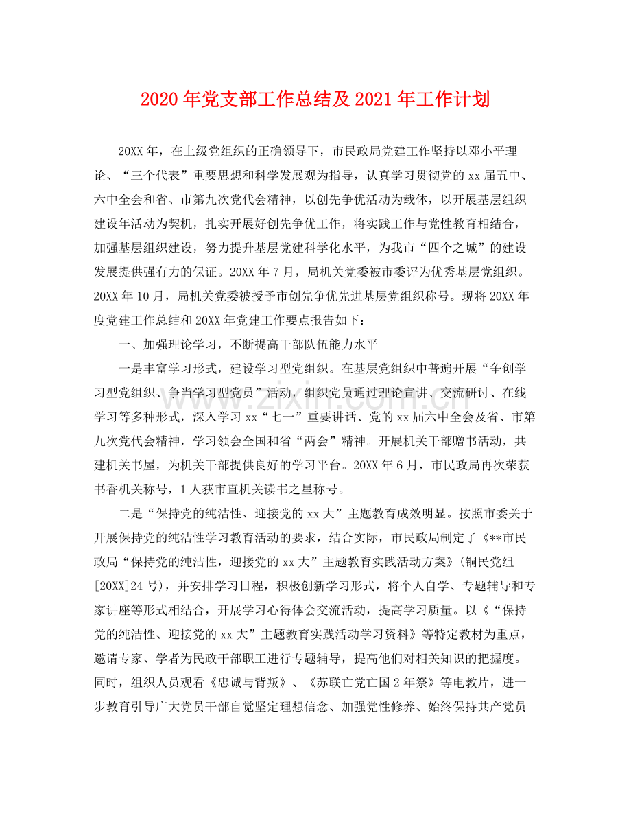 2020年党支部工作总结及年工作计划2.docx_第1页