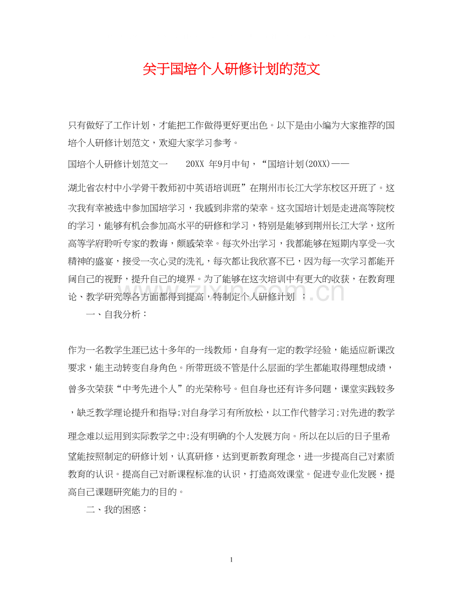 关于国培个人研修计划的范文.docx_第1页