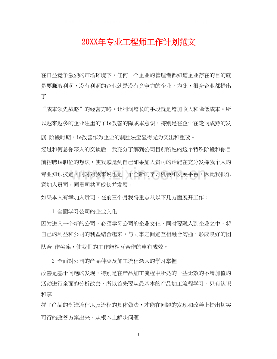专业工程师工作计划范文.docx_第1页