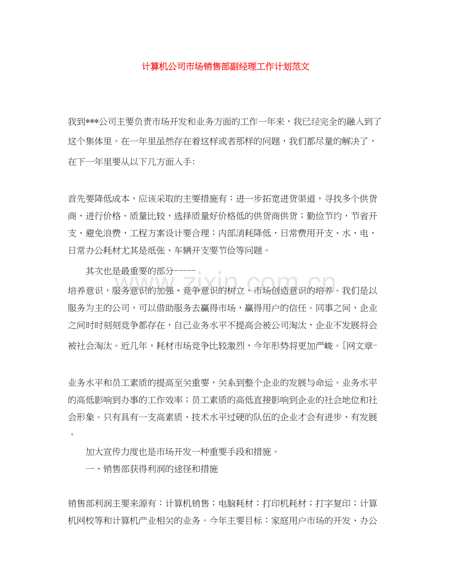 计算机公司市场销售部副经理工作计划范文.docx_第1页