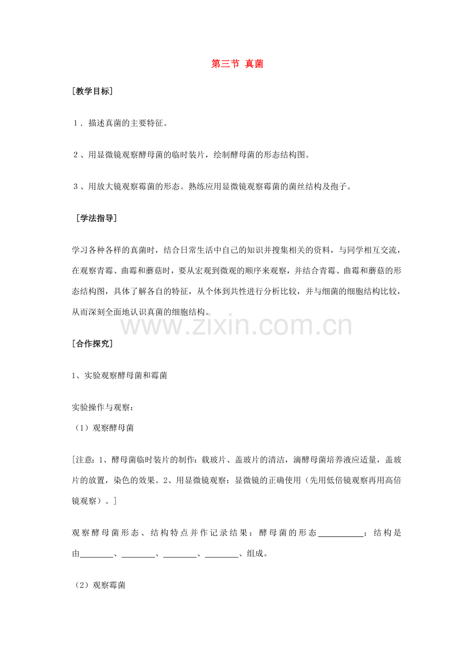 七年级生物上册 第三章第三节 真菌教案 济南版.doc_第1页