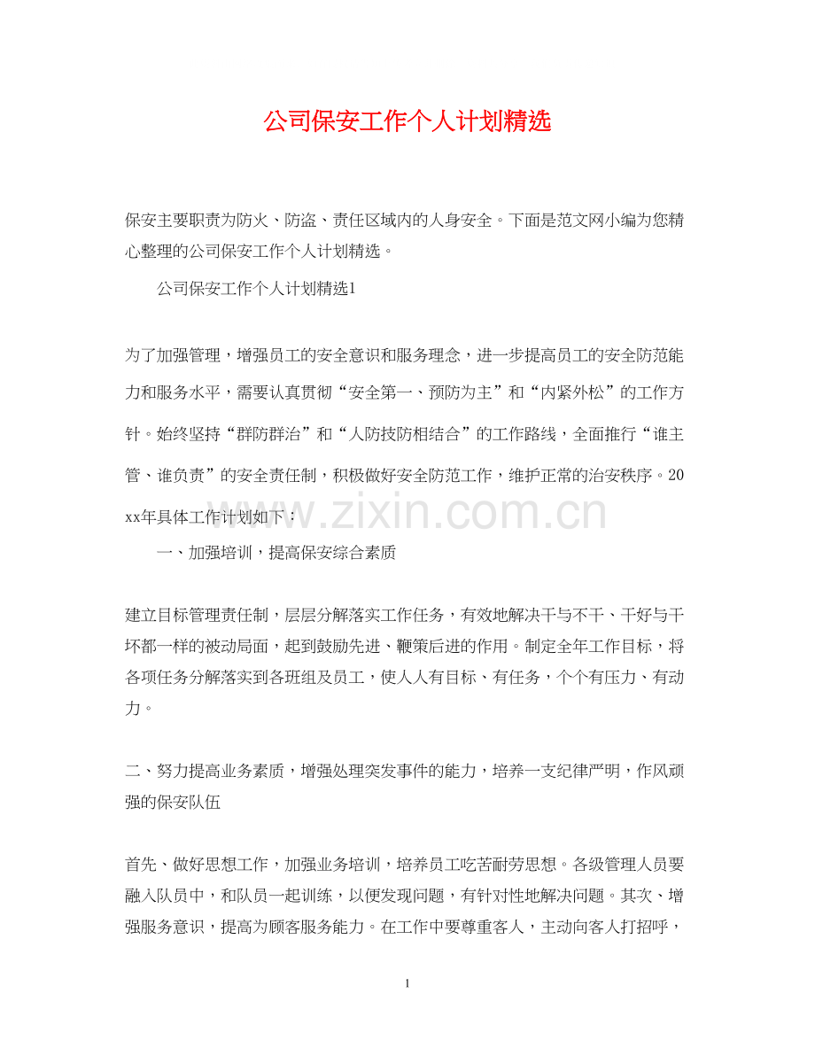 公司保安工作个人计划.docx_第1页