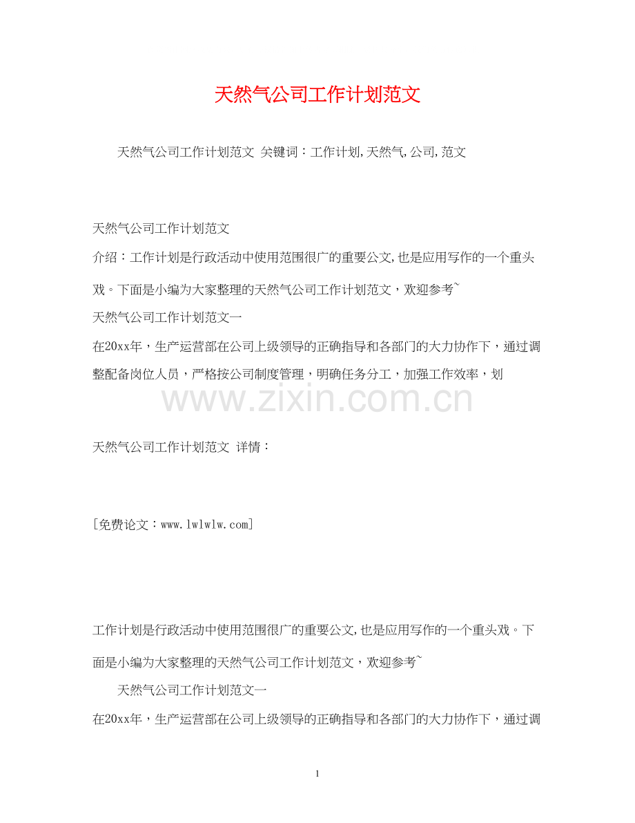 天然气公司工作计划范文.docx_第1页