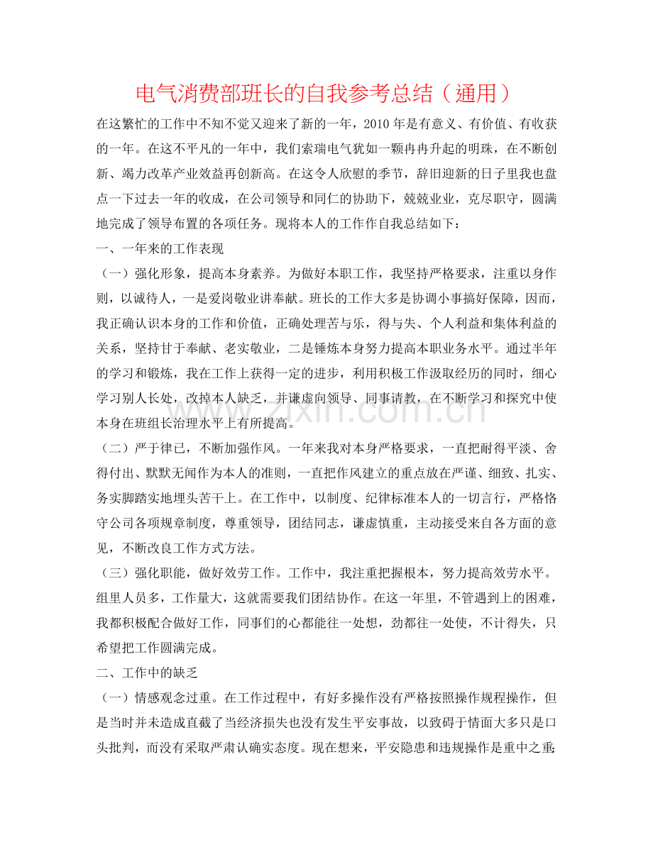 电气生产部班长的自我参考总结（通用）.doc_第1页