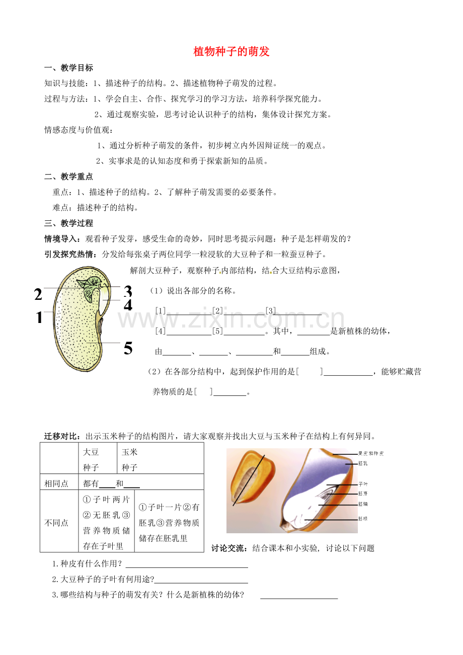 七年级生物上册 3.5.1 植物种子的萌发教案 （新版）苏教版-（新版）苏教版初中七年级上册生物教案.doc_第1页
