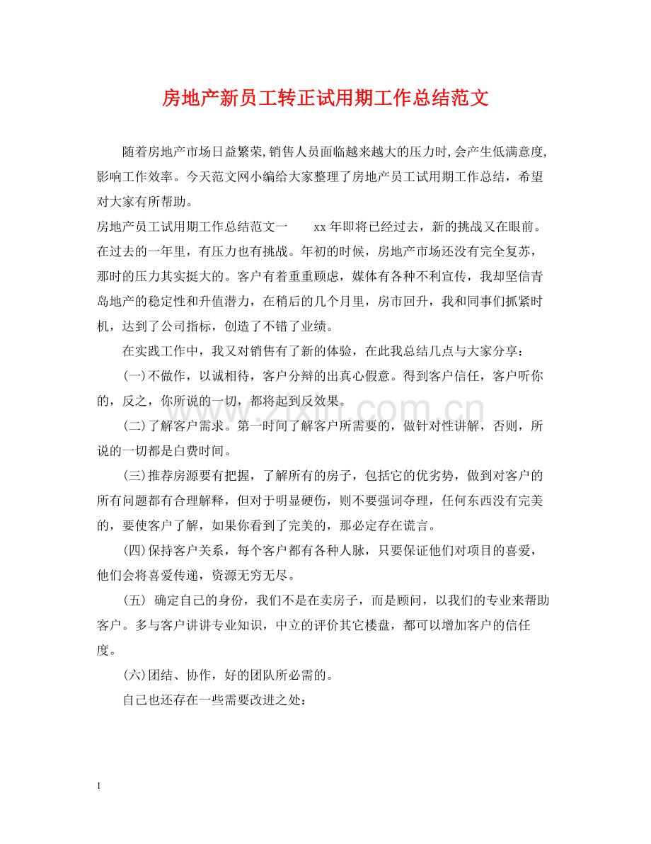 房地产新员工转正试用期工作总结范文.docx_第1页