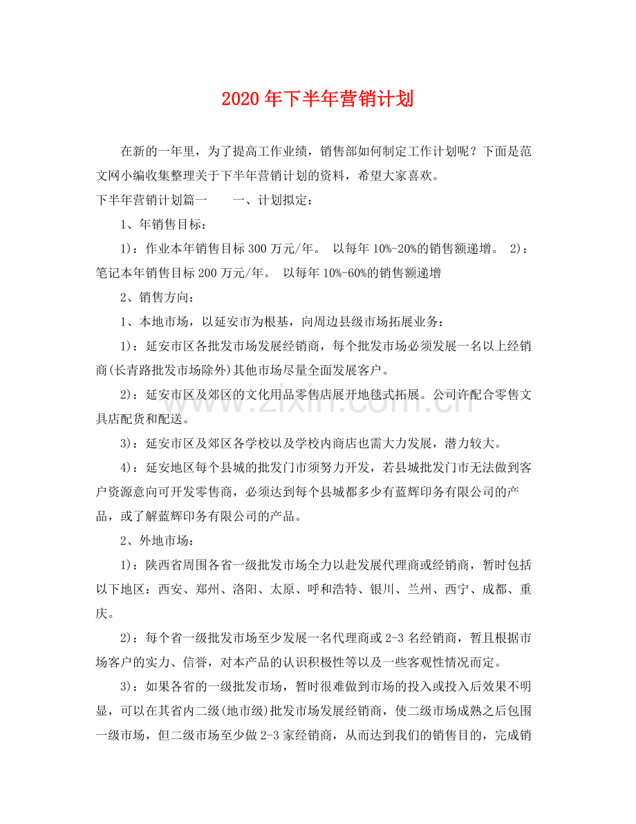 2020年下半年营销计划2.docx_第1页