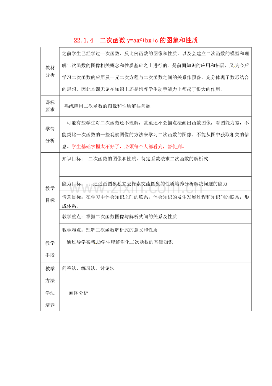 （贵州专用）秋九年级数学上册 22.1.4 第1课时 二次函数yax2bxc的图象和性质教案2 （新版）新人教版-（新版）新人教版初中九年级上册数学教案.doc_第1页