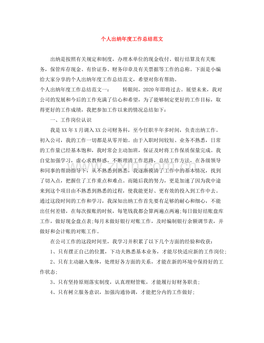 个人出纳年度工作总结范文.docx_第1页