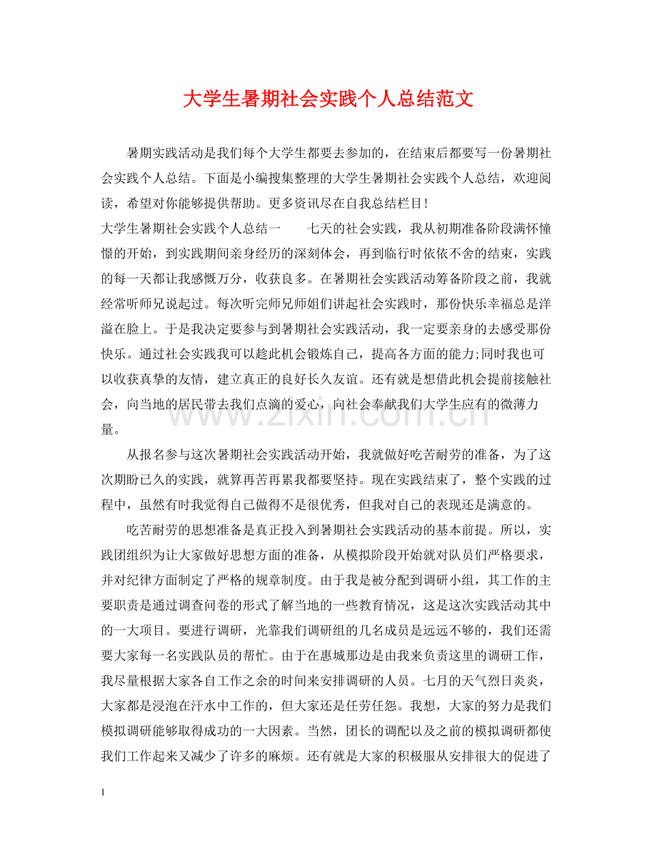 大学生暑期社会实践个人总结范文.docx_第1页