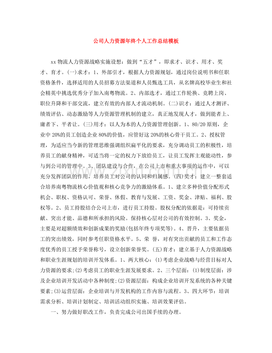 公司人力资源年终个人工作总结模板.docx_第1页