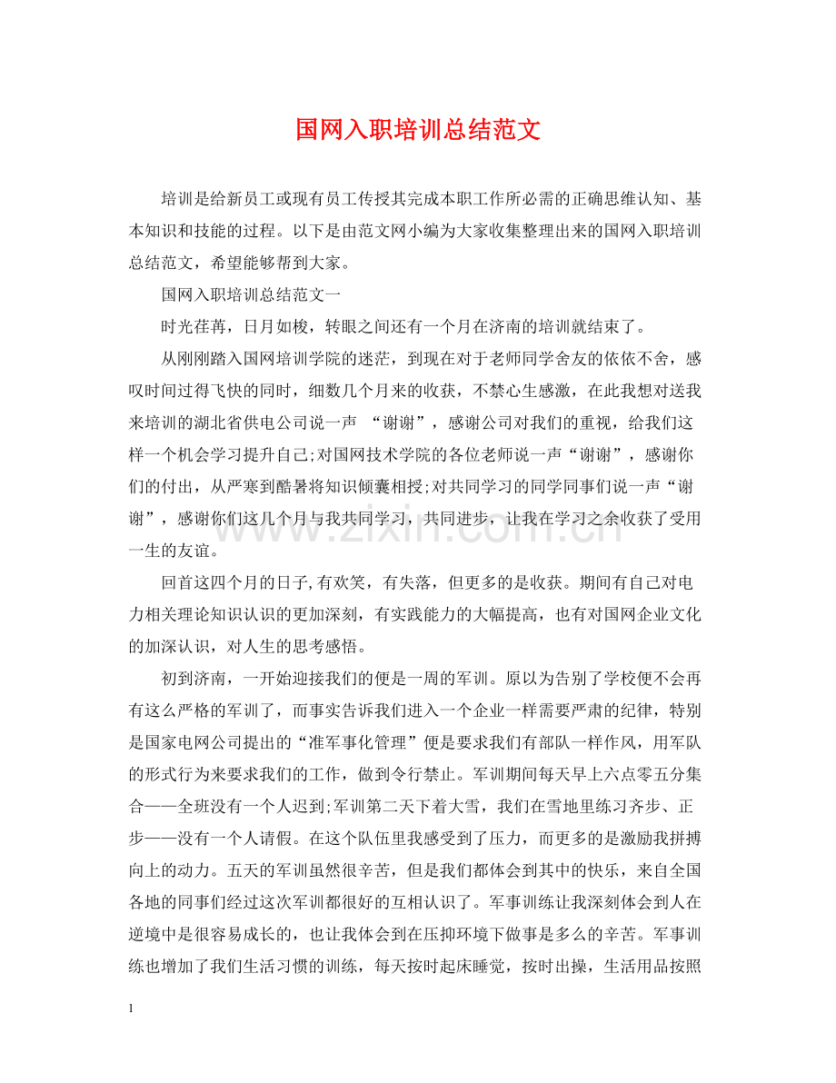 国网入职培训总结范文.docx_第1页