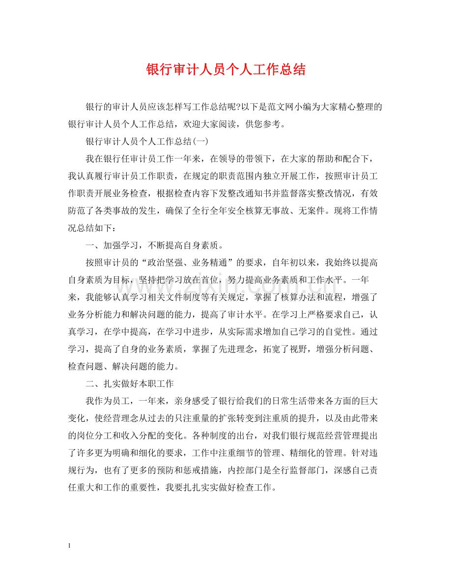 银行审计人员个人工作总结.docx_第1页