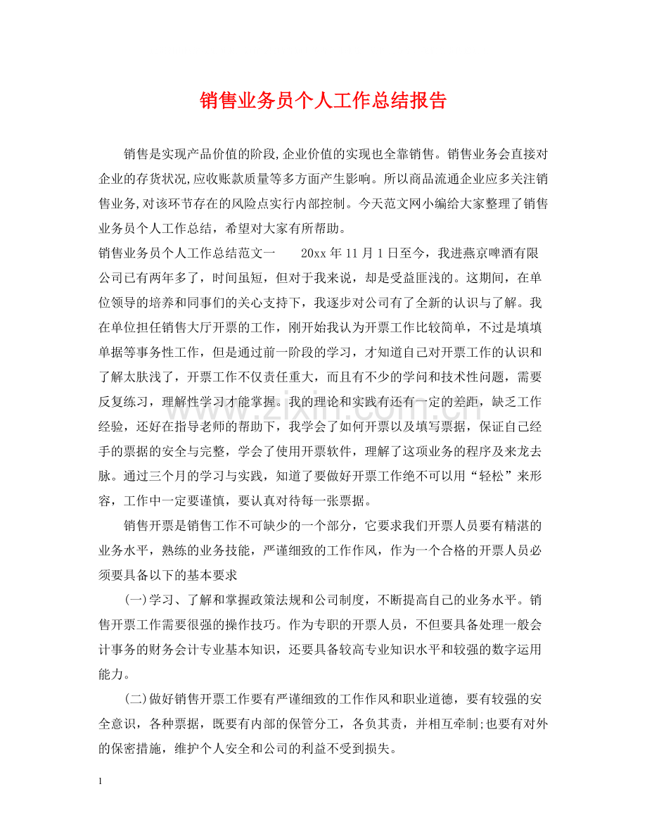 销售业务员个人工作总结报告.docx_第1页