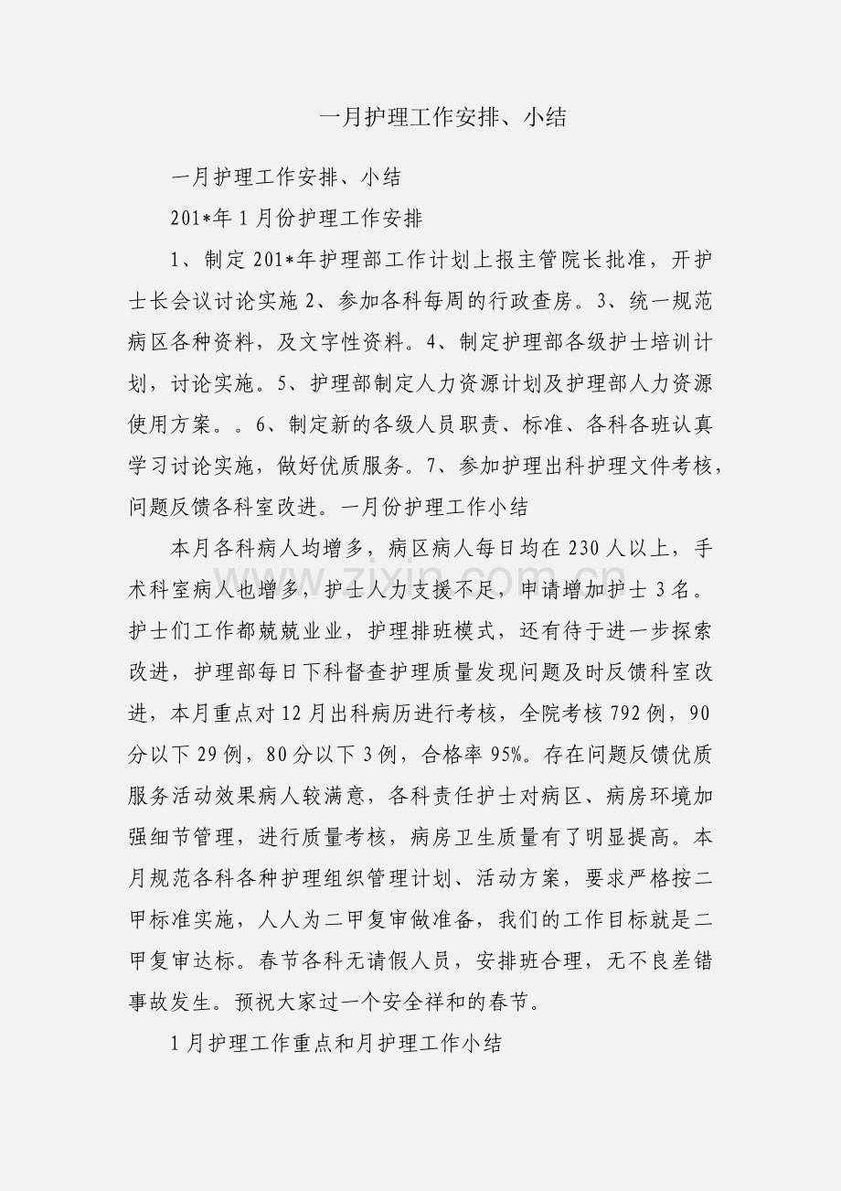 一月护理工作安排、小结.docx_第1页