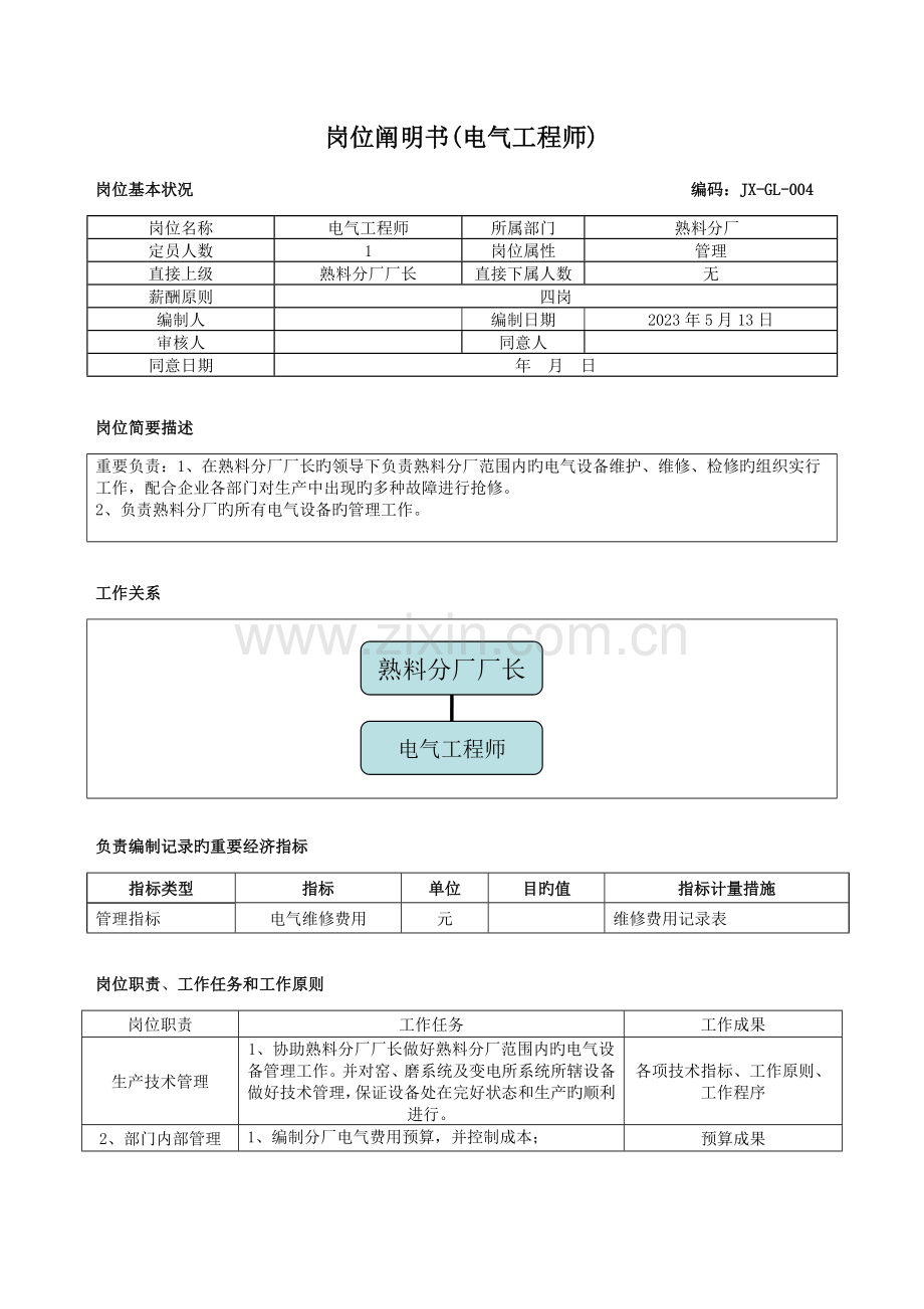 2023年岗位说明书电气工程师.doc_第1页