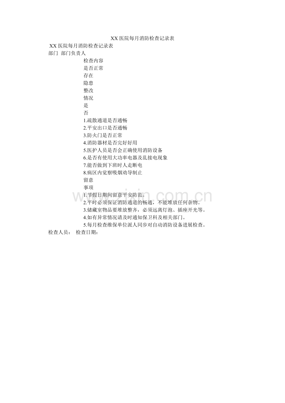 XX医ۥ院每月消防检查记录表.doc_第1页
